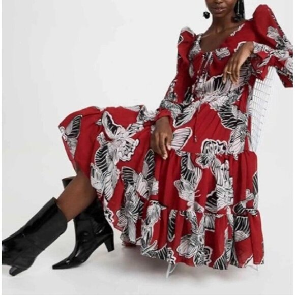Autumn Adeigbo Fleur Sz 4 Dress Red Black Georgette Butterfly Designer Luxury - Picture 1 of 12